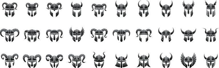 Warrior Helmets, Helmets with exaggerated horns silhouette collection,  Norse warriors or mythical champions vector Illustrations set for  banner, post card, invitation, flyer. 