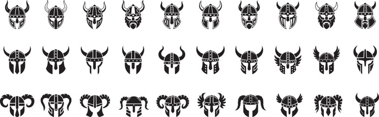 Warrior Helmets, Helmets with exaggerated horns silhouette collection,  Norse warriors or mythical champions vector Illustrations set for  banner, post card, invitation, flyer. 