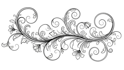 Elegant Black and White Floral Scroll with Small Flowers on Isolated White Background