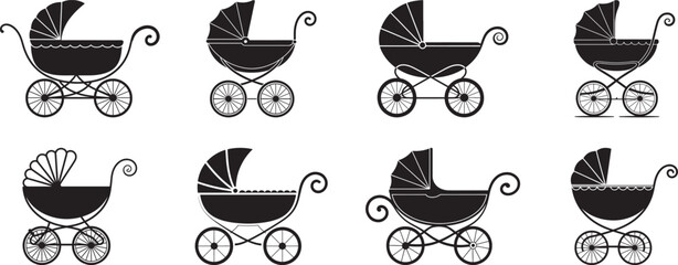Vintage baby stroller silhouette collection, frame consists of thin curved lines forming an elegant arch structure vector Illustrations set for  banner, post card, invitation, flyer. 
