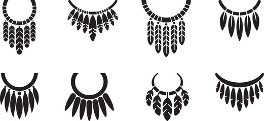 Tribal necklace ornament icon with long feather silhouette collection, vertical elements hanging vector Illustrations set for  banner, post card, invitation, flyer. 