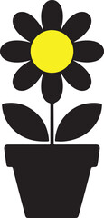 Simple black and white illustration of a flower in a pot