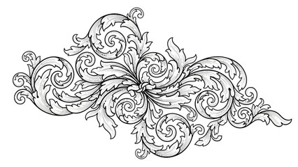 Ornate Black and White Floral Design with Rich Scrollwork on Isolated White Background