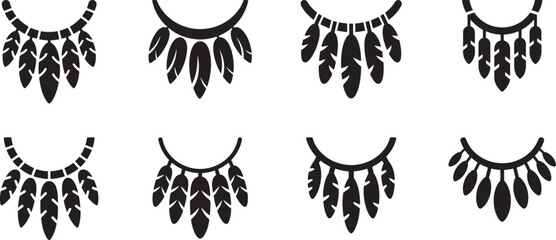 Tribal necklace ornament icon with long feather silhouette collection, vertical elements hanging vector Illustrations set for  banner, post card, invitation, flyer. 
