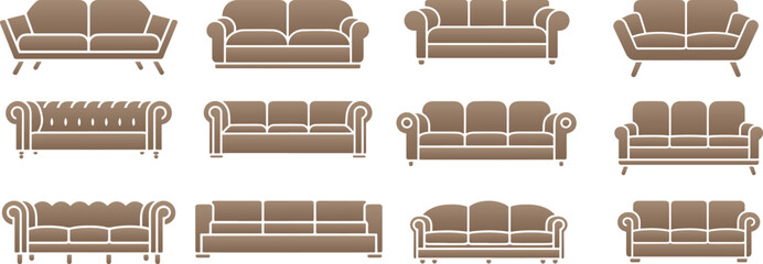 Sofa designs arranged in three rows various clip art collection vector Illustrations set for  banner, post card, invitation, flyer.