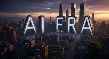 Ai era city skyline technology A dramatic illuminated giant letter installation spelling AI ERA above dense urban street at sunset conveying futuristic optimism and technological