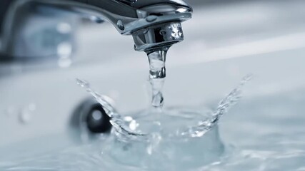 A closeup shot of a modern chrome faucet slowly dripping clear water into a pristine white sink highlighting the preciousness of water and the potential for waste symbolizing environmental concerns a.