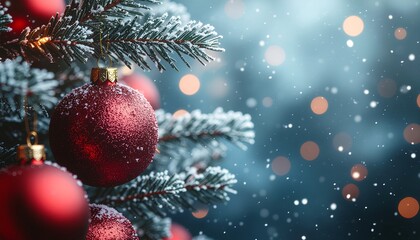 Elegant red Christmas ornaments hanging on fir branches with falling snow against a blue abstract winter background, perfect for festive banners, holiday cards, and seasonal designs.