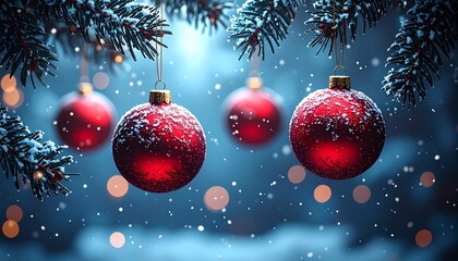 Elegant red Christmas ornaments hanging on fir branches with falling snow against a blue abstract winter background, perfect for festive banners, holiday cards, and seasonal designs.