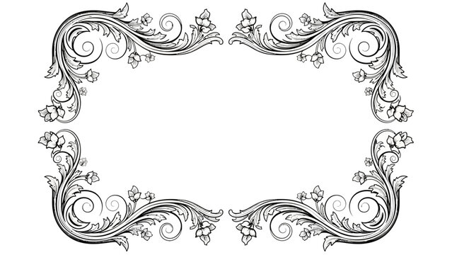 Elaborate rectangular frame with ornate floral and swirling baroque ornaments, isolated white background.