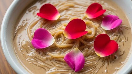 Delicious creamy dessert with colorful flower petals on top of a bowl of noodles
