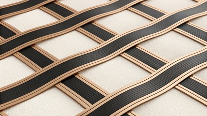 Modern 3D abstract grid with black and gold wavy lines on textured white surface, ideal for luxury backgrounds, product displays, packaging design, branding elements, and contemporary digital art