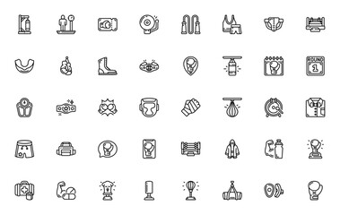 Boxing icon set. Vector illustration. Includes symbols for gloves, punching bag, ring, bell, scales, shorts, helmet, rope and more. Editable stroke.