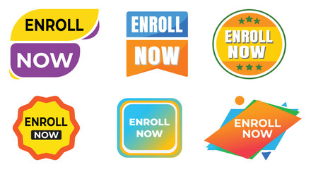 Obraz premium Enroll Now Button Set. Web Badges. A colorful vector collection of call to action labels, gradient shapes and geometric tags for website navigation, marketing ad, and registration.