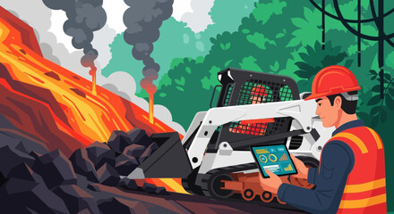 Naklejka premium Worker Operating Skid Steer Loader Near Lava Flow for Disaster Response.