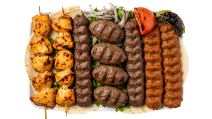 A platter of assorted grilled meat skewers with vegetables