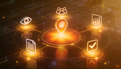 3d isometric digital illustration of glowing orange navigation pin icon surrounded by symbols for target audience computer vision data analytics and quality control verification