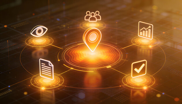3d isometric digital illustration of glowing orange navigation pin icon surrounded by symbols for target audience computer vision data analytics and quality control verification - Powered by Adobe