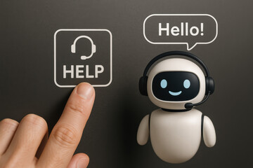 Assistance support communication greeting customer A hand touches help icon and a friendly chatbot avatar appears saying Hello! offering instant support