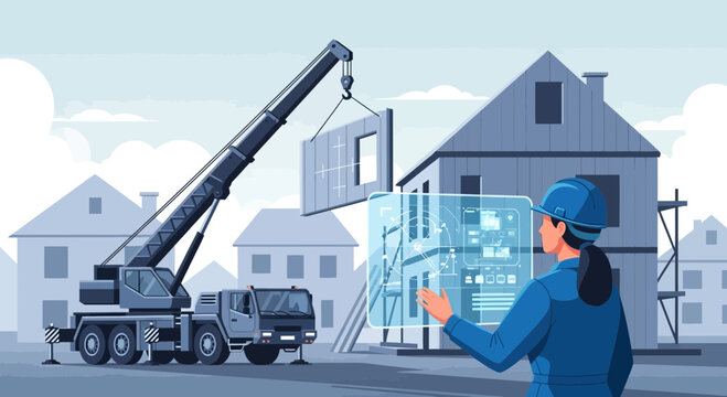 Construction Site with Crane and Augmented Reality Interface.