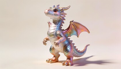 Fototapeta premium A cute dragon figurine with colorful scales and wings standing on a plain background with soft lighting and a pastel color palette.
