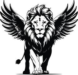Obraz premium Powerful winged lion illustration in monochrome vector art, bold stroke weight, simplified details, high visual impact, Adobe Stock approved style 1