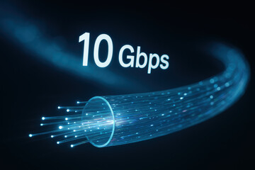 Bandwidth throughput fiber optical Gbps glowing fiber cable and light stream conveying speed and network performance with dynamic blue tone inspiring connectivity