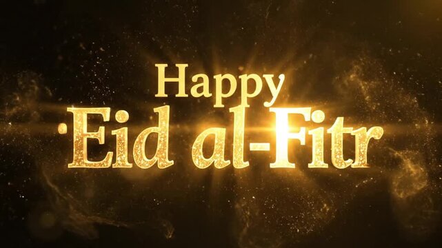 Golden glowing text Happy Eid alFitr on a dark sparkling background with a bright central light source and particle effects