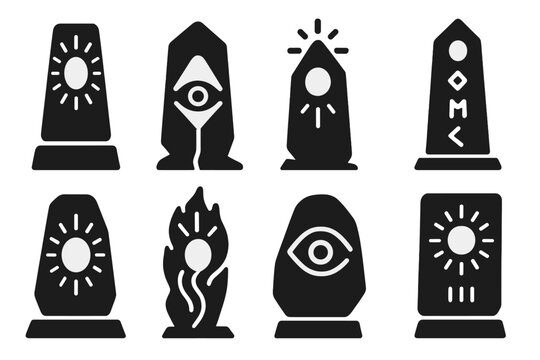 Oracle Monolith Icons. Solid style icons of a seer monolith: glowing oracle pillar, vision-casting stone, radiant foresight core,