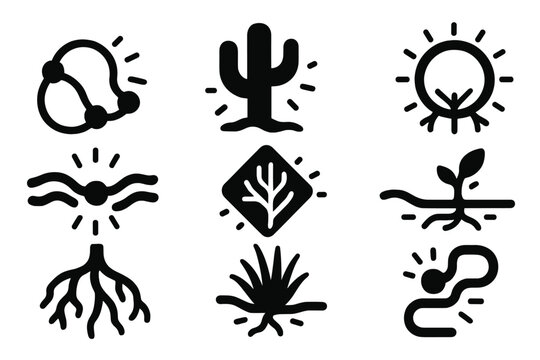 Bioluminescent Desert Network. Solid style icons of arid bioluminescent transport: desert glow network, radiant cactus system,