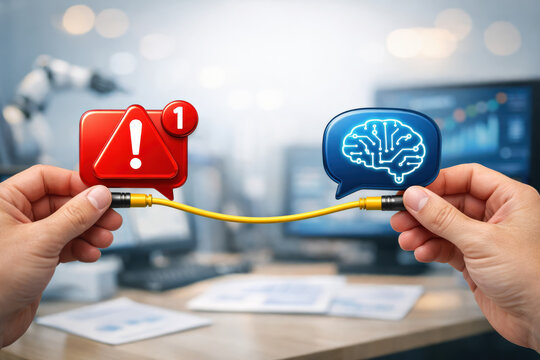 Alert artificial intelligence connection warning notification hand holding cable linking warning icon and neural icon on office desk conveying tense urgency and technological risk - Powered by Adobe
