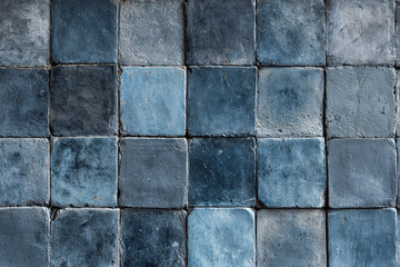 Close up of weathered blue and grey square tiles forming a textured pattern