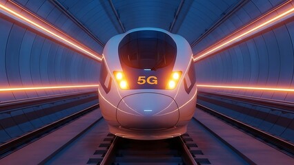 Futuristic 5 G Train Inside Illuminated Tunnel