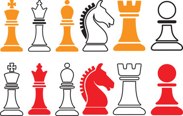 Chess Pieces Icons Set King Queen Knight Rook Pawn Vector.