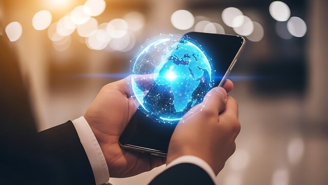 Hands holding smartphone displaying holographic blue globe with connected lines - Powered by Adobe