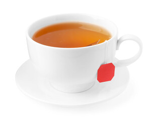 Tea brewing. Cup with tea bag isolated on white