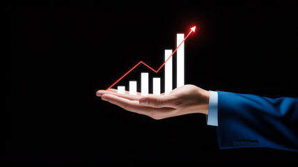 A professional business image showing a caucasian male hand in a dark blue suit sleeve reaching out to present a holographic financial chart against a pure black background