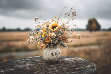 A rustic vase filled with dried flowers, including sunflowers, sits on a wooden table against a blurred, moody landscape.