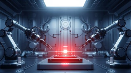 Two robotic arms working on a glowing red platform in a futuristic industrial setting