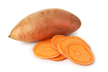 Whole and cut sweet potatoes isolated on white