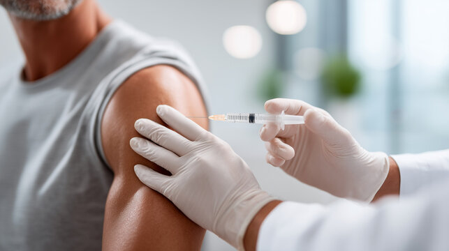 Vaccination injection senior patient arm. Doctor wearing white gloves administering syringe injection elderly man shoulder deltoid muscle. Medical healthcare immunization procedure, preventive care.