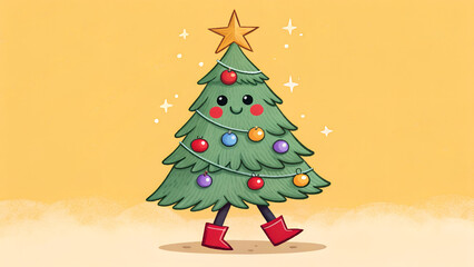 Cute Christmas tree seating and waiting. Christmas is near concept design on yellow background with copy space. 3D Rendering, 3D Illustration