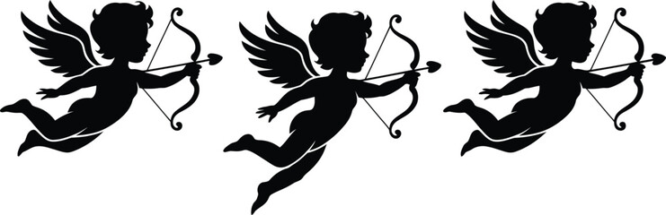 Three cherubic cupids in flight with bows