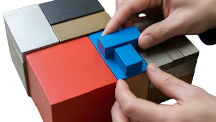 Hands assembling a colorful puzzle block