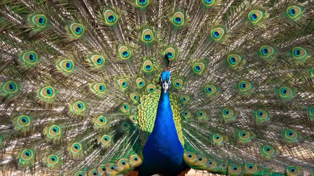 Peacock displaying vibrant feathers with blue neck and stunning eyespots