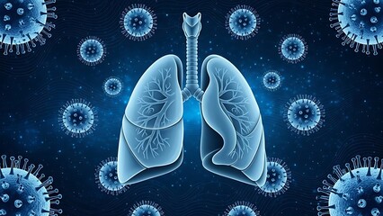 Human lungs surrounded by blue virus particles on dark background