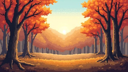 Pixel Art Autumn Forest Path at Sunset