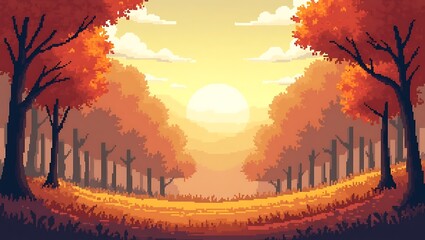 Pixel Art Autumn Forest Path at Sunset