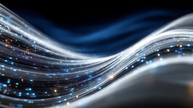 Abstract big data visualization on a dark blue gradient background, digital data stream flowing from a compact block of binary code into multiple smooth glowing lines and dots