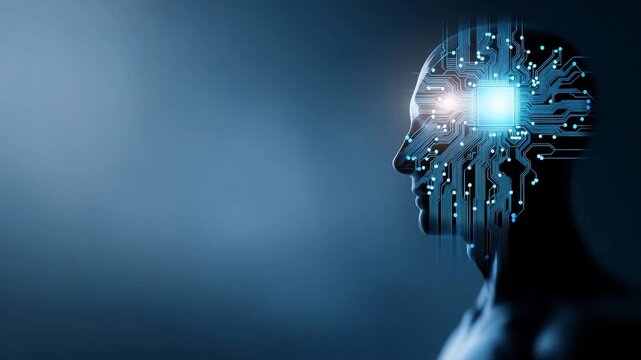 a human head silhouette in profile, formed by detailed electronic circuit board patterns and microchips. A central glowing processor